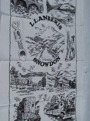 vintage souvenir print kitchen towels, landmarks of Cornwall and Wales