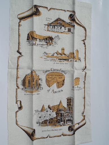 vintage souvenir printed linen tea towel, Monroe Wisconsin Swiss Cheese