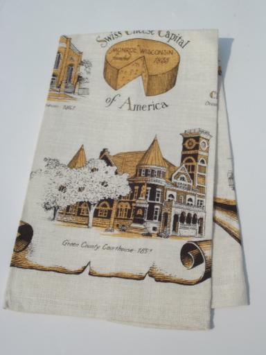 vintage souvenir printed linen tea towel, Monroe Wisconsin Swiss Cheese