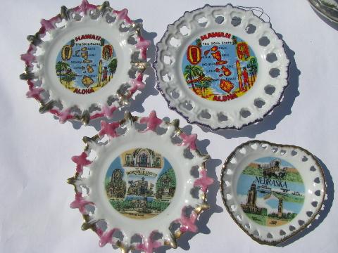 vintage souvenirs lot, old lace edge china souvenir plates & dishes, state maps