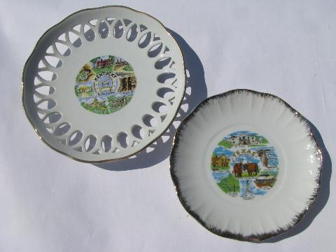 vintage souvenirs lot, old lace edge china souvenir plates & dishes, state maps