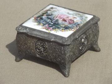 vintage spelter metal jewelry box / music box w/ Boucher style french print