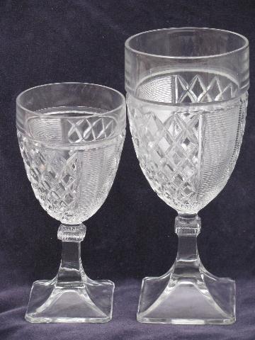 vintage square foot waffle pressed pattern glass water & wine glasses, 14 goblets