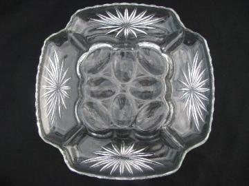 vintage square press-cut pattern glass egg plate, divided tray for deviled eggs