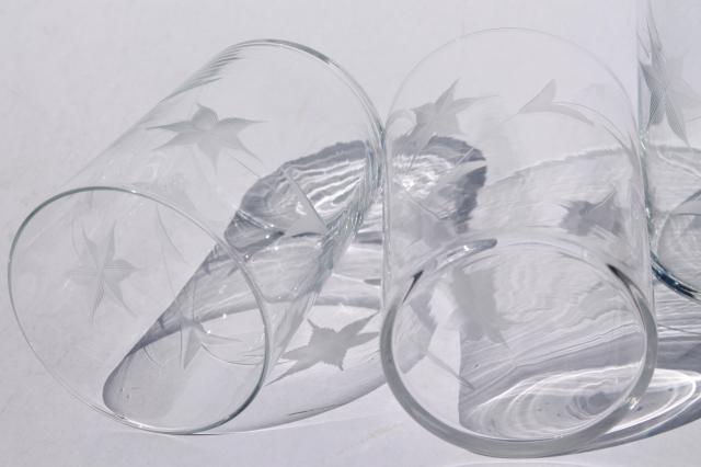 vintage star flower wheel cut etched glass tumblers, old fashioned drinking glasses set of 6 