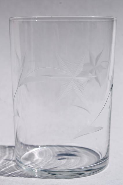 vintage star flower wheel cut etched glass tumblers, old fashioned drinking glasses set of 6 