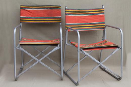 vintage steel folding chairs striped awning canvas seats & backs Airstream trailer glamping