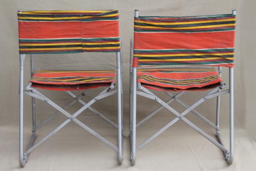 vintage steel folding chairs striped awning canvas seats & backs Airstream trailer glamping