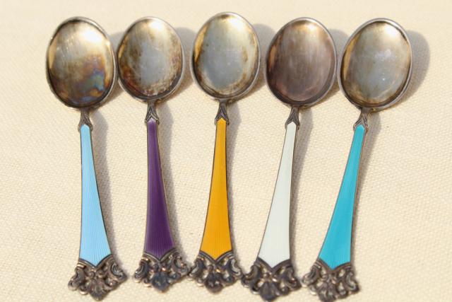 vintage sterling silver demitasse spoons w/ guilloche enamel, marked Norway