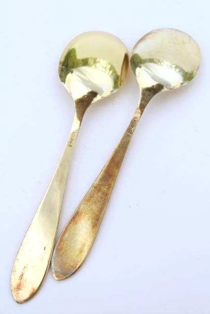 vintage sterling silver tea spoons, guilloche colored enamel, Norway or Denmark