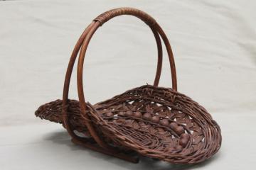 vintage stick & ball wicker basket w/ wood beads, cottage garden flower basket trug