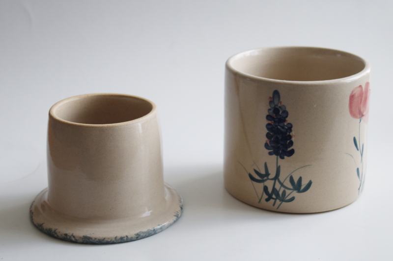 vintage stoneware butter keeper crock, Annies Garden hand painted pottery prairie wildflowers
