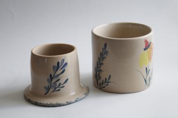 vintage stoneware butter keeper crock, Annies Garden hand painted pottery prairie wildflowers