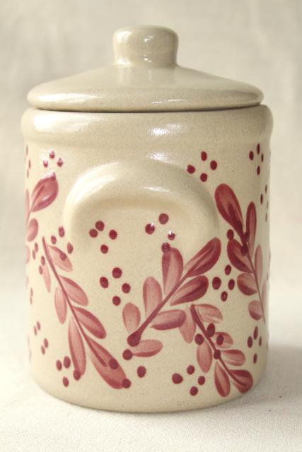 vintage stoneware crock w/ lid, hand painted barn red BBP Beaumont Brothers pottery