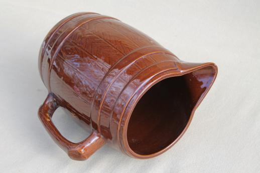 vintage stoneware pottery beer barrel pitcher, old oak banded barrel pattern