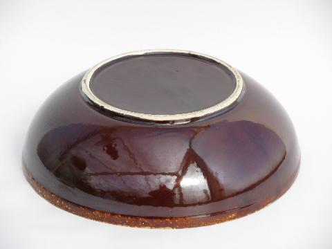 vintage stoneware pottery bowl, brown drip glaze