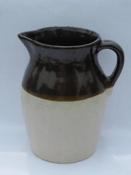 vintage stoneware pottery milk pitcher, old wide brown band pattern