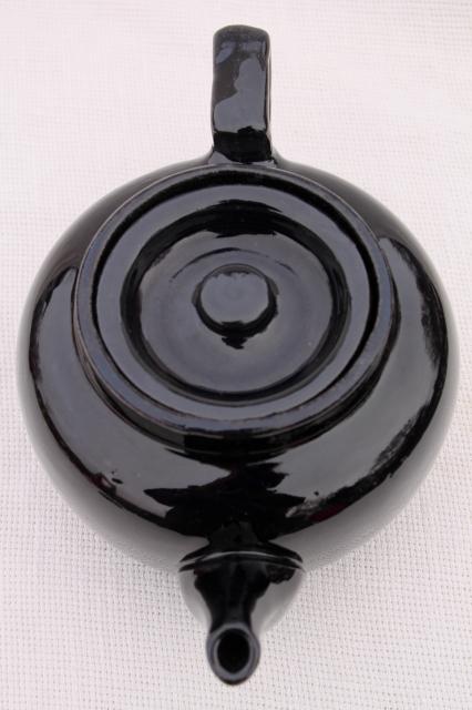 vintage stoneware pottery teapot, big heavy old tea pot w/ black glaze