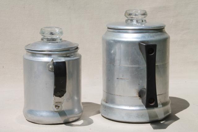 vintage stovetop coffee percolators, 2 cup & 5 cup aluminum coffeepots for camping