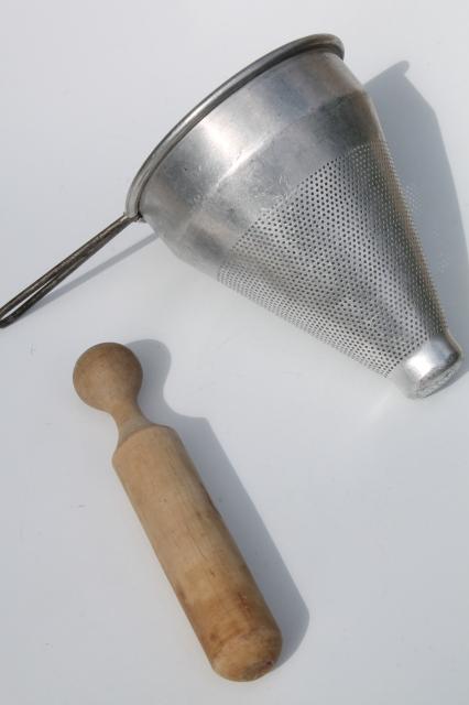 vintage strainer / food mill cone shaped sieves w/ wood masher pestle kitchen utensils