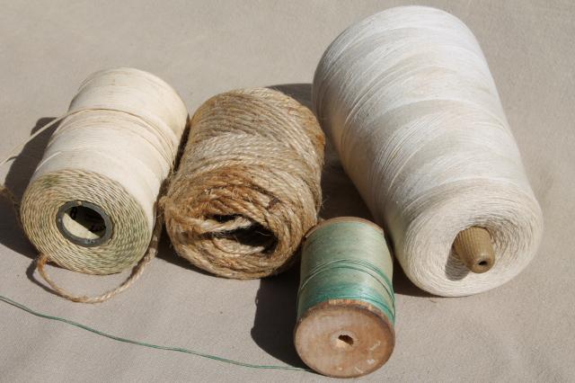 vintage string collection - rustic old wood spool of cord thread, cotton twine etc.