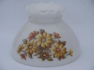 vintage student lamp replacement milk glass light shade, petit-point daisy