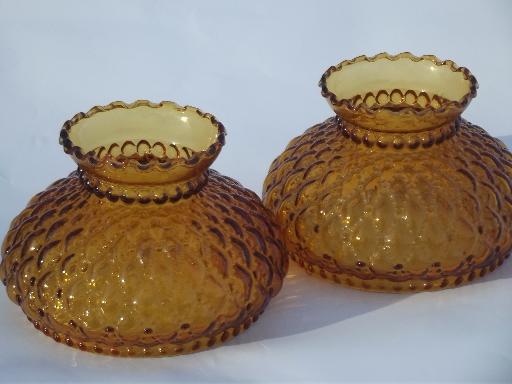 vintage student lamp replacement shades, quilted amber glass pair of shades