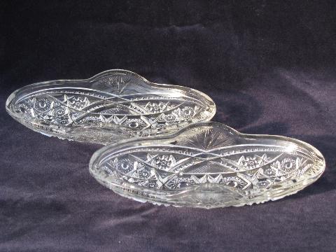 vintage sunburst pressed cut pattern glass nappy dishes, oval relish trays