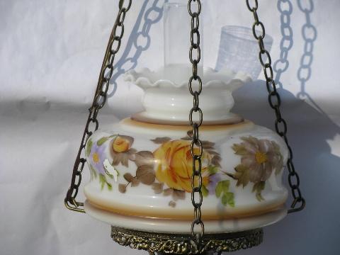 vintage swag lamp, golden roses painted glass shade hanging light for cabin or cottage
