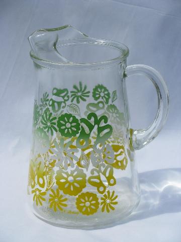vintage swanky swigs glass pitcher, green/white/yellow shaded flowers