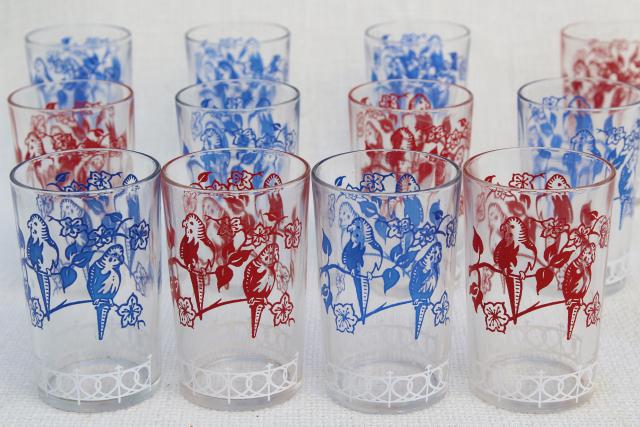 vintage swanky swigs glass tumblers, parakeets print in red, white and blue, 12 jelly glasses 