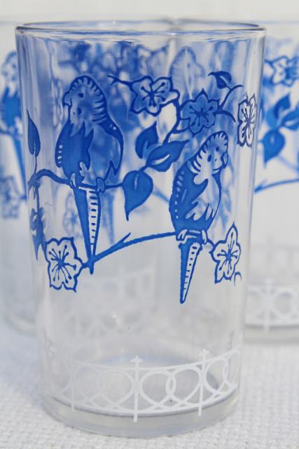 vintage swanky swigs glass tumblers, parakeets print in red, white and blue, 12 jelly glasses 