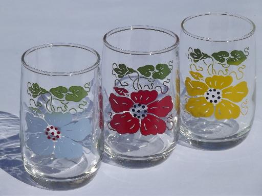 vintage swanky swigs kitchen glass drinking glasses, primary colors flowers