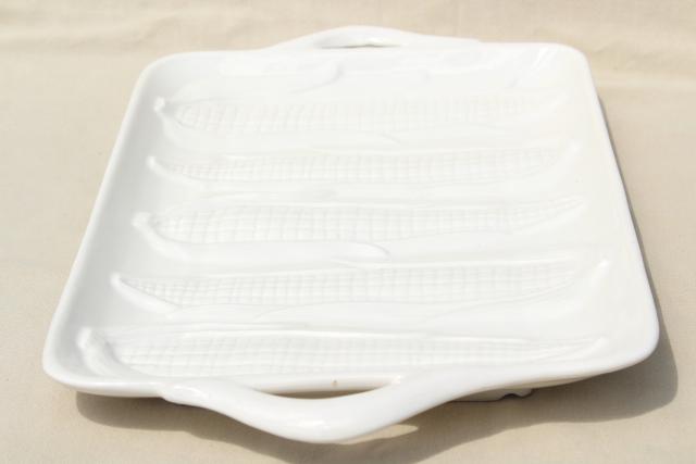vintage sweet corn on the cob serving platter tray, embossed pure white ceramic pottery
