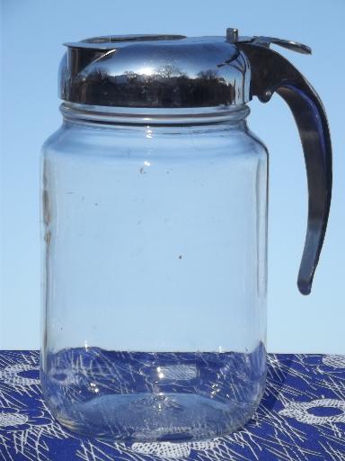 vintage syrup pitcher w/ big 1 qt glass jar, Nev R Drip drip-cut style lid