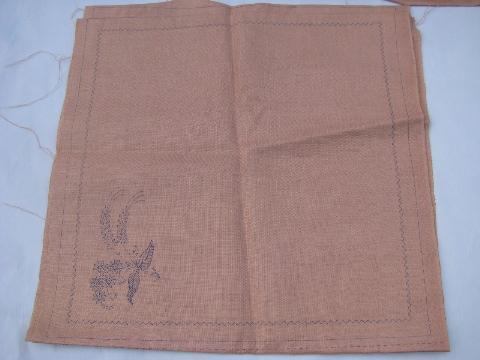 vintage table linens stamped to embroider, rose pink linen fabric tablecloth & napkins