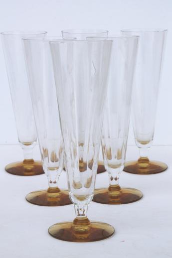vintage tall elegant glass champagne flutes, clear / amber foot mimosa glasses