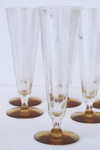 vintage tall elegant glass champagne flutes, clear / amber foot mimosa glasses