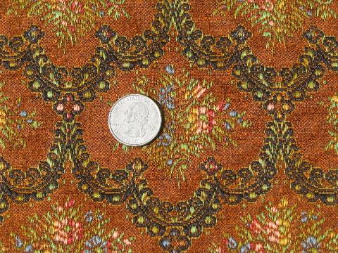 vintage tapestry upholstery fabric, french antique floral, burnt orange