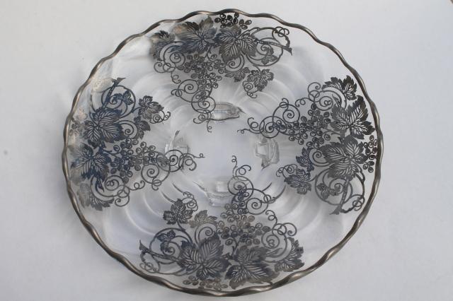 vintage tarnished silver overlay glass plate, footed serving tray or cake stand
