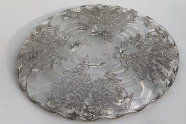 vintage tarnished silver overlay glass plate, footed serving tray or cake stand