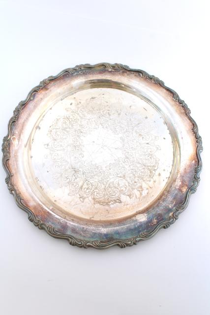 vintage tarnished silver plate round platter or serving tray, rustic wedding cake plate