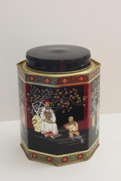 vintage tea tin, metal canister w/ lacquer ware style black red gold Chinese scene