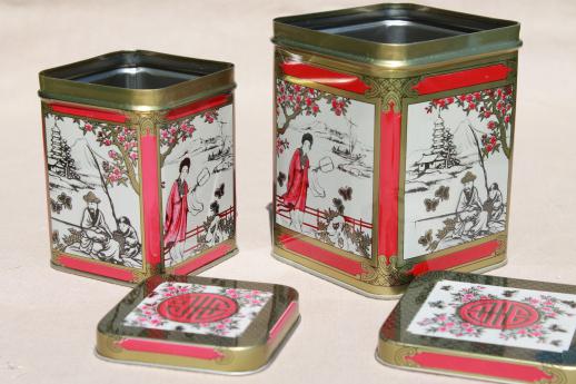 vintage tea tins & biscuit tin, red, black & silver metal tin canisters