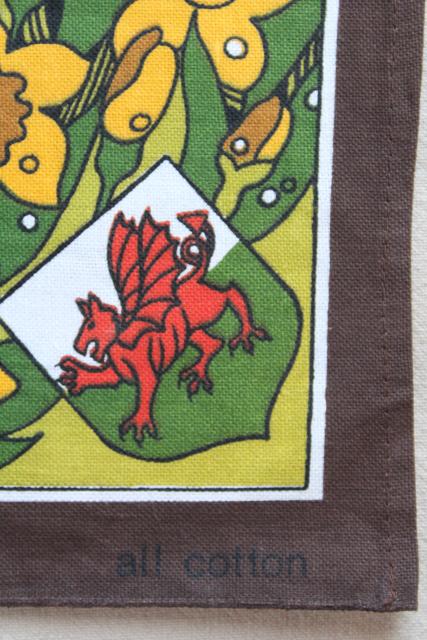 vintage tea towel, Land of My Fathers Welsh anthem lyrics print, souvenir of Wales
