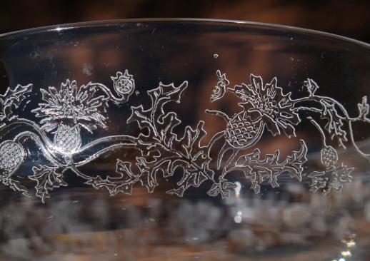 vintage thistle etched glass stemware, saucer coupe champagne glasses set of 10