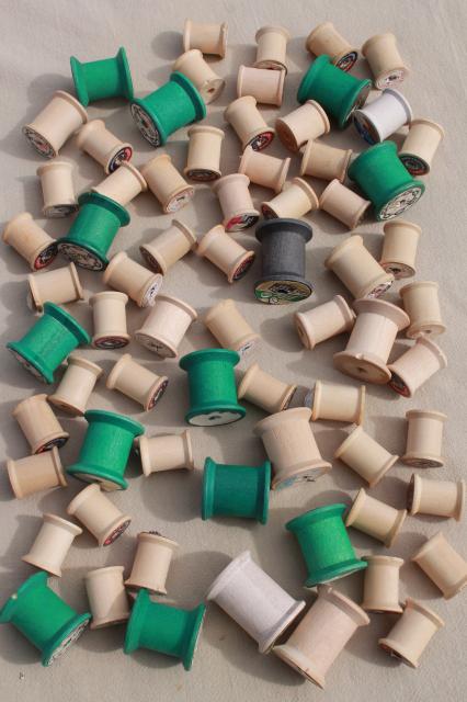 vintage thread / floss / ribbon spools lot, natural wood & green colored wooden spools