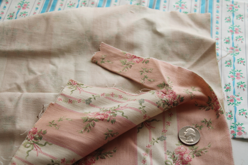 vintage ticking fabric stripes  florals, lot of small pieces for craft sewing projects