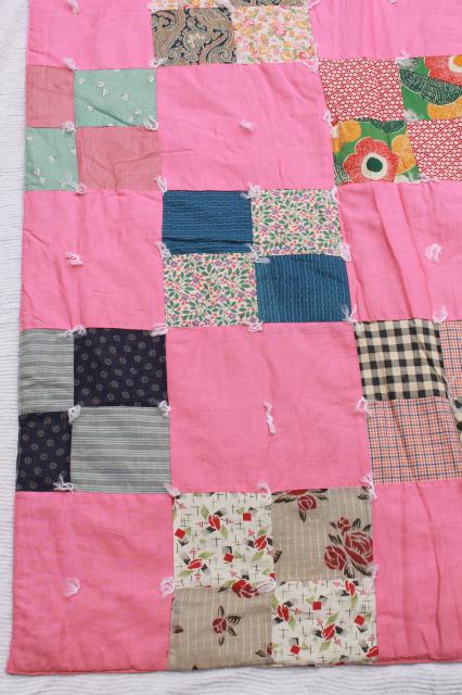 vintage tied quilt patchwork bedspread, candy pink cotton w/ print fabrics