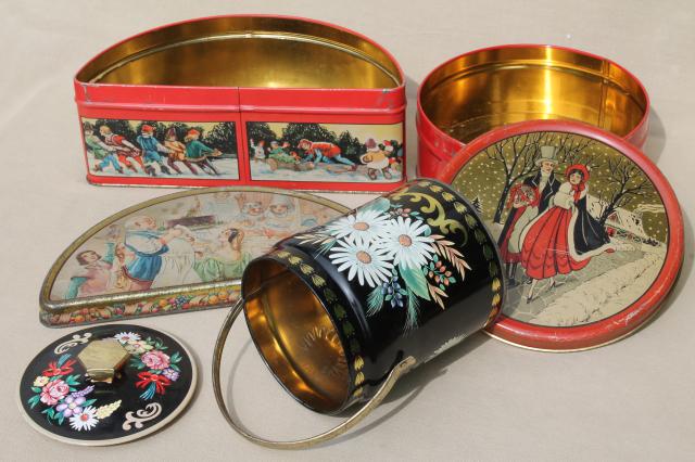 vintage tin collection, lot pretty tea tins, biscuit tins & chocolate boxes for sweets